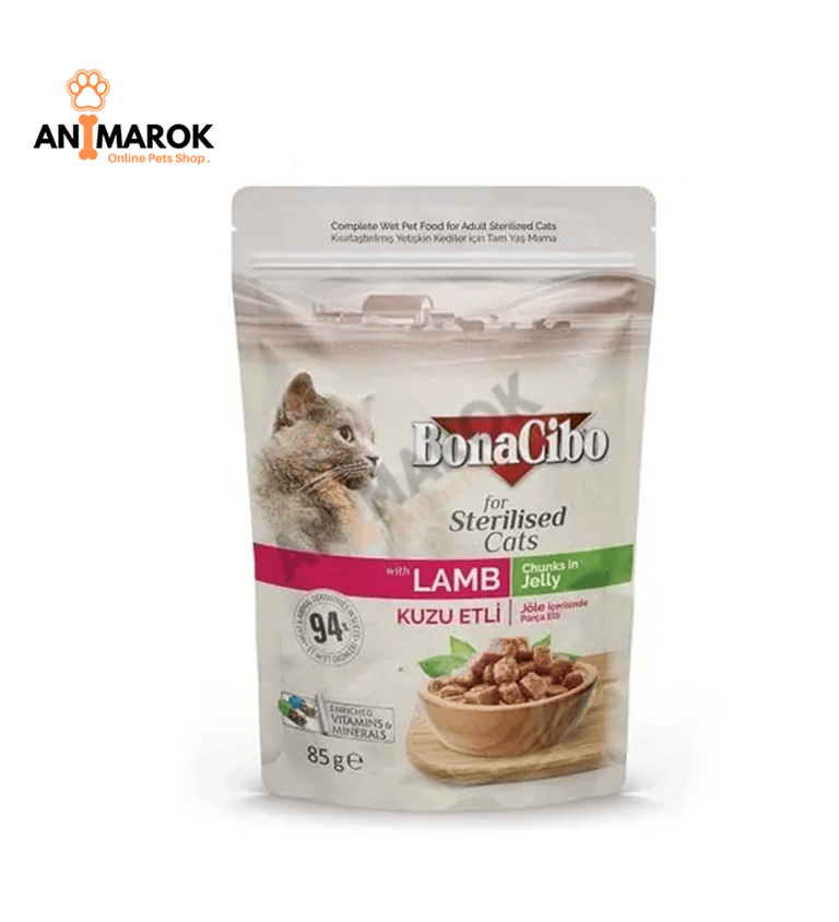 Bonacibo Morceaux en Gelée pour Chats Stérilisés à l'Agneau – Aliment Humide Complet