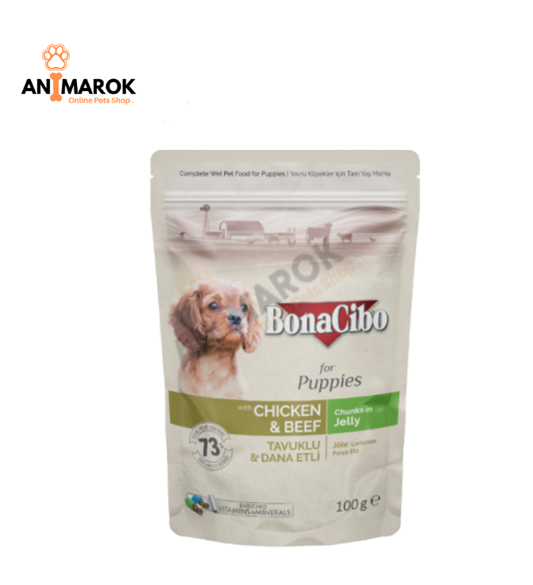 Bonacibo Morceaux en Gelée pour Chiots au Poulet et au Bœuf